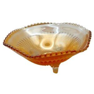 Vintage Jeannette Glass Iridescent Marigold Three Footed Carnival Glass Bowl